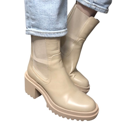 Zara Platform Chunky Mid-Calf Boots 40 Cream/Beige Chelsea Combat Vegan Leather - Picture 2 of 13